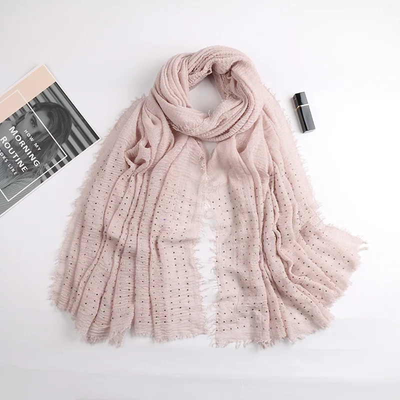 9 light pink Простой цвет пузырь хлопок макси мусульманский женский хиджаб тюрбан золотые бриллианты оголовье бахрома края платок длинные шали 180X100 см - Цвет: 9 light pink