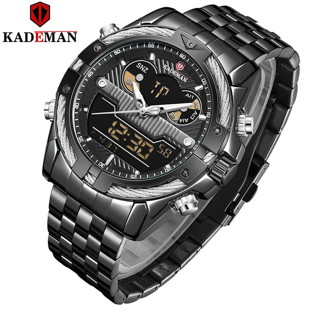 KADEMAN Gold Watch Men Dual Display Wristwathes Stainless Steel Digital Quartz Sport Men's Watches 2021 Luxury Brand Waterproof Black