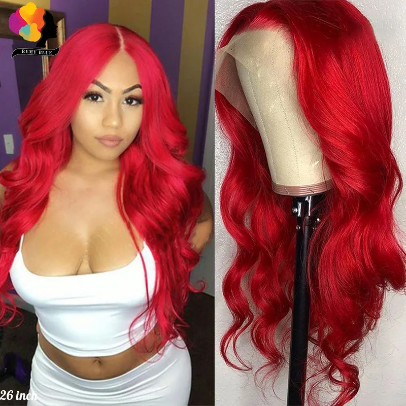 Remyblue-Peluca de cuerpo rojo con parte de onda de encaje, prearrancada 99J, 150% de encaje frontal, cabello humano peruano Remy, encaje frontal