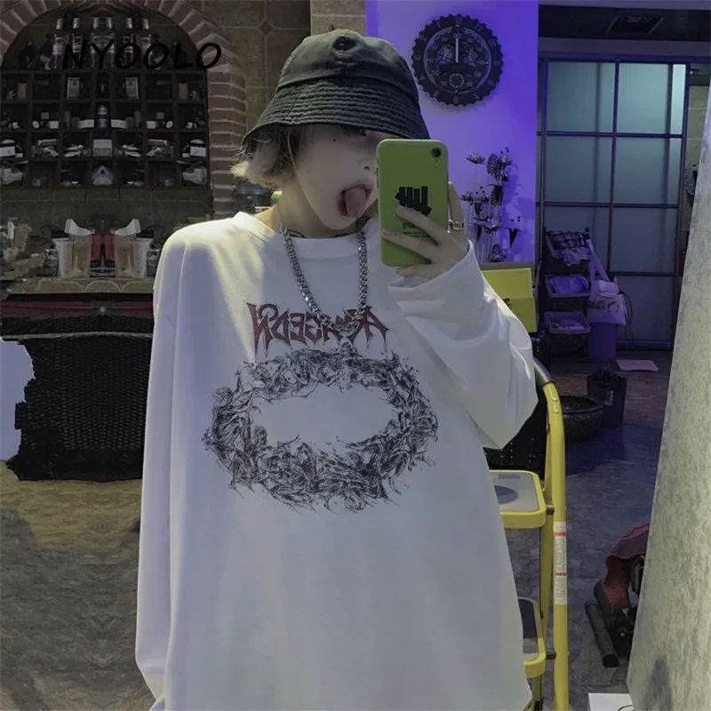 NYOOLO Harajuku винтажная круглая футболка с буквенным принтом Осенняя уличная