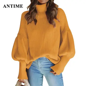 

Antime Autumn Winter Turtleneck Sweater Lantern Sleeve Loose Ladies Tops Thick Solid Women Knitted Pullovers Jumpers Femme