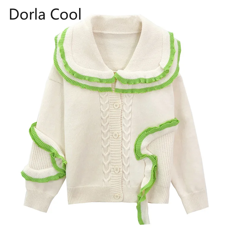 

New 2021 Autumn Winter Cardigan Women Knitted Sweet Peter Pan Collar Sweater Ruffles Patchwork Irregular Outerwear Coat Tops