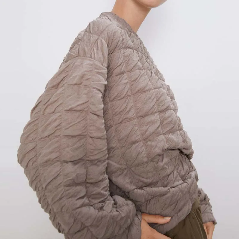 Зимняя Женская Стеганая толстовка, Свободный пуловер с длинными рукавами, топ с круглым вырезом, однотонная женская одежда
