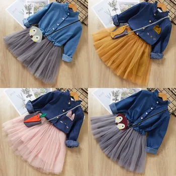

Little Girl Bunny Print Denim Tops Tulle Tutu With Carrot Shaped Bag kitten Print Dress Suit Kid Spring Fall Cute Everyday Dress