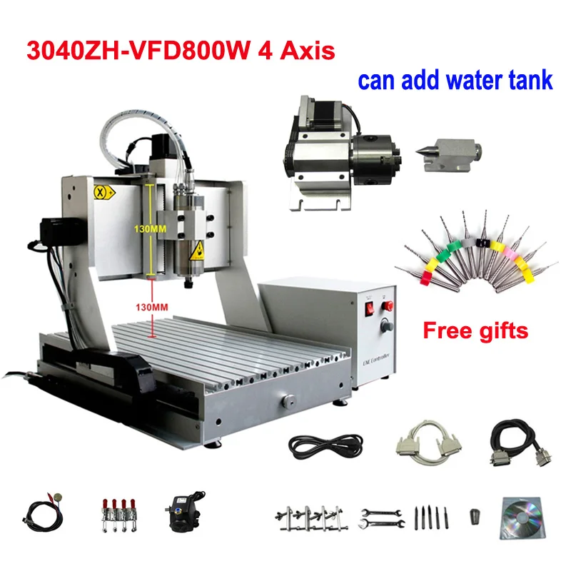 4 Оси CNC 3040 мини CNC металла фрезерный станок шариковый винт 800 Вт шпиндель 3D гравировальный станок с 130 мм Z-Axis ход