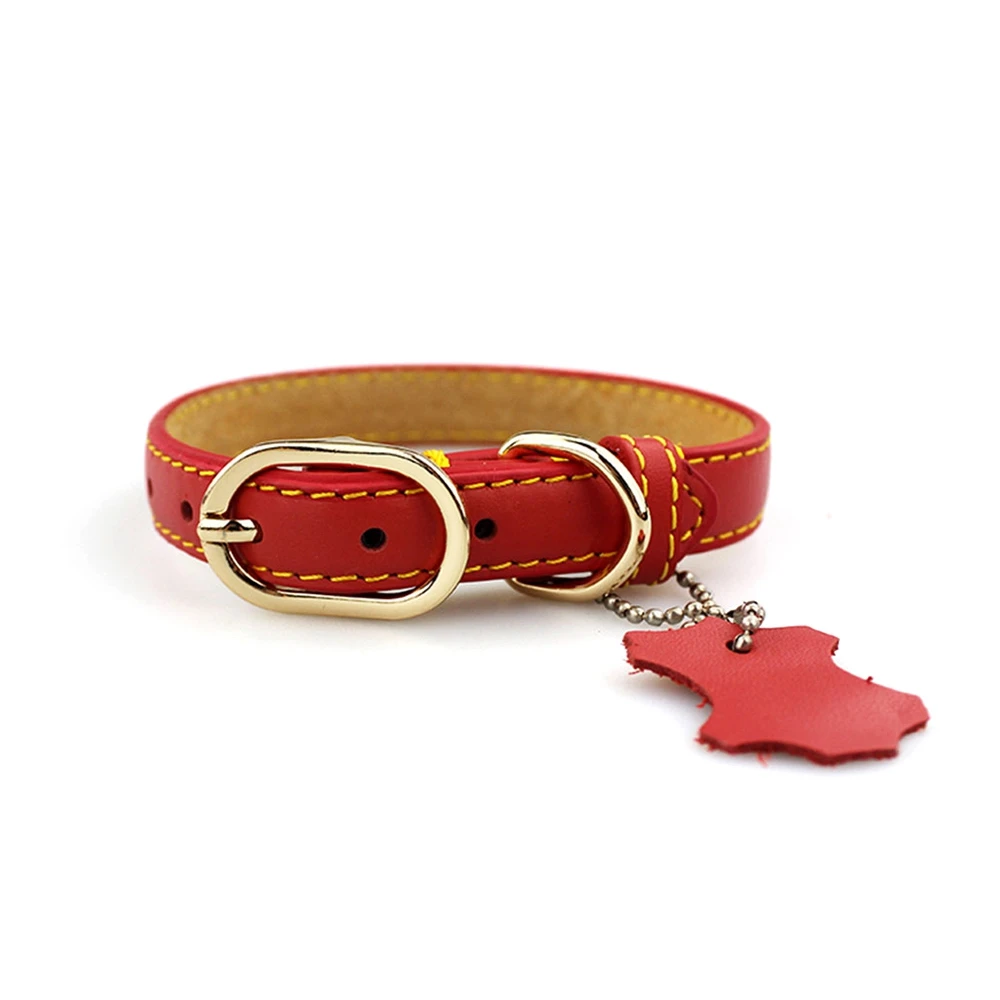 red golden matel Genuine Leather Dog Collar Personalized Collars For Large Small Dog Pet Solid Collar For Cat Puppy Dog Leash Harness Pet Product - Цвет: red golden matel
