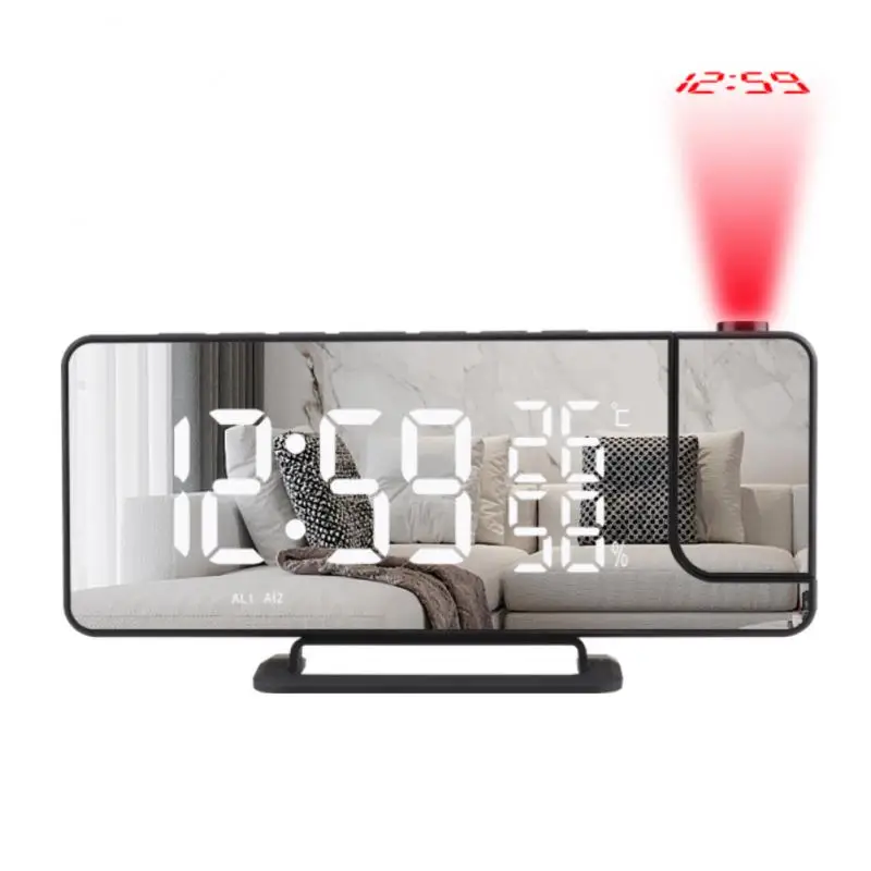 LED Digital Mirror Projection Alarm Clock Home FM Radio Thermometer Hygrometer USB Wake Up Watch 180° Projector Time Snooze Gift
