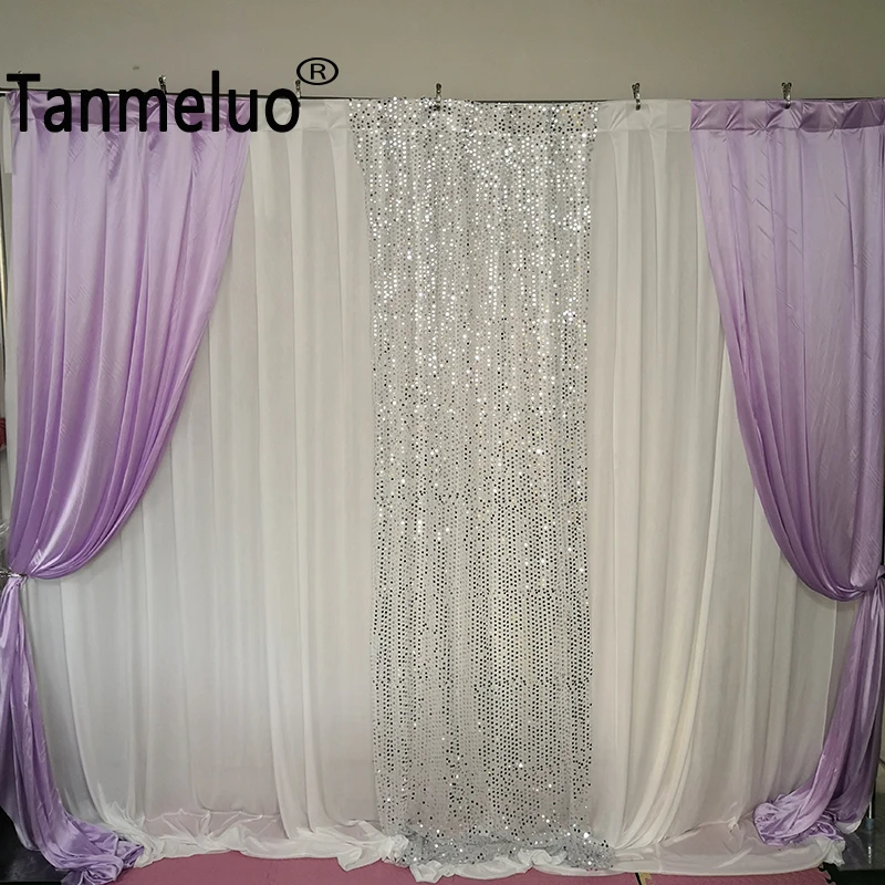 3m H x3mW white curtain with light purple ice silk material and silver sequin drape backdrop wedding party stage decoration