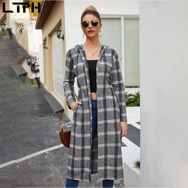 

Hot 2019 top fashion autumn and winter new women's woolen long-sleeved hooded lapel classic plaid cardigan belt long coat