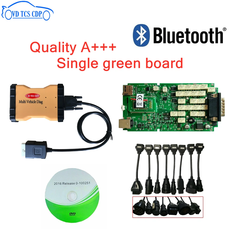 Лучшая цена! MVD VD TCS C-D-P Vci зеленый один pcb с Bluetooth 2016R0 keygen OBD2 диагностические инструменты+ 8 шт. грузовых кабелей