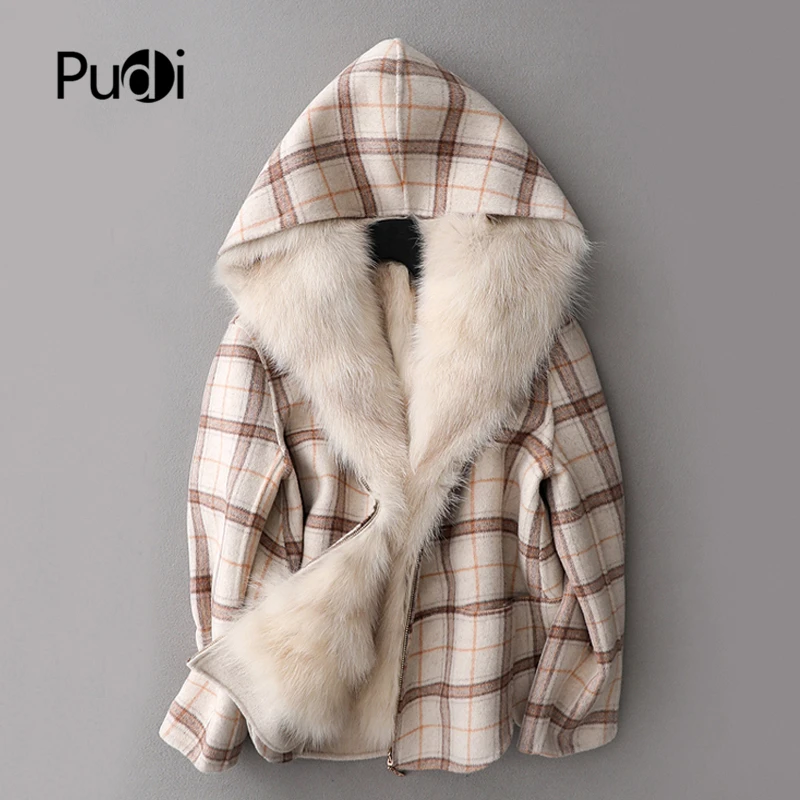 

Aorice ZYN369-2 Women real wool fabric classic lattice coat lady fox fur lining with hood leisure Fall/Winter wool long outwear