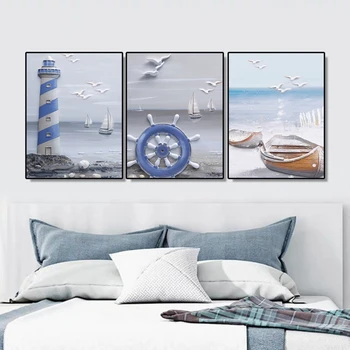 

Laeacco Canvas Calligraphy Painting 3 Panel Abstract Seascape Boat Posters and Prints Wall Art For Living Room Home Decoration