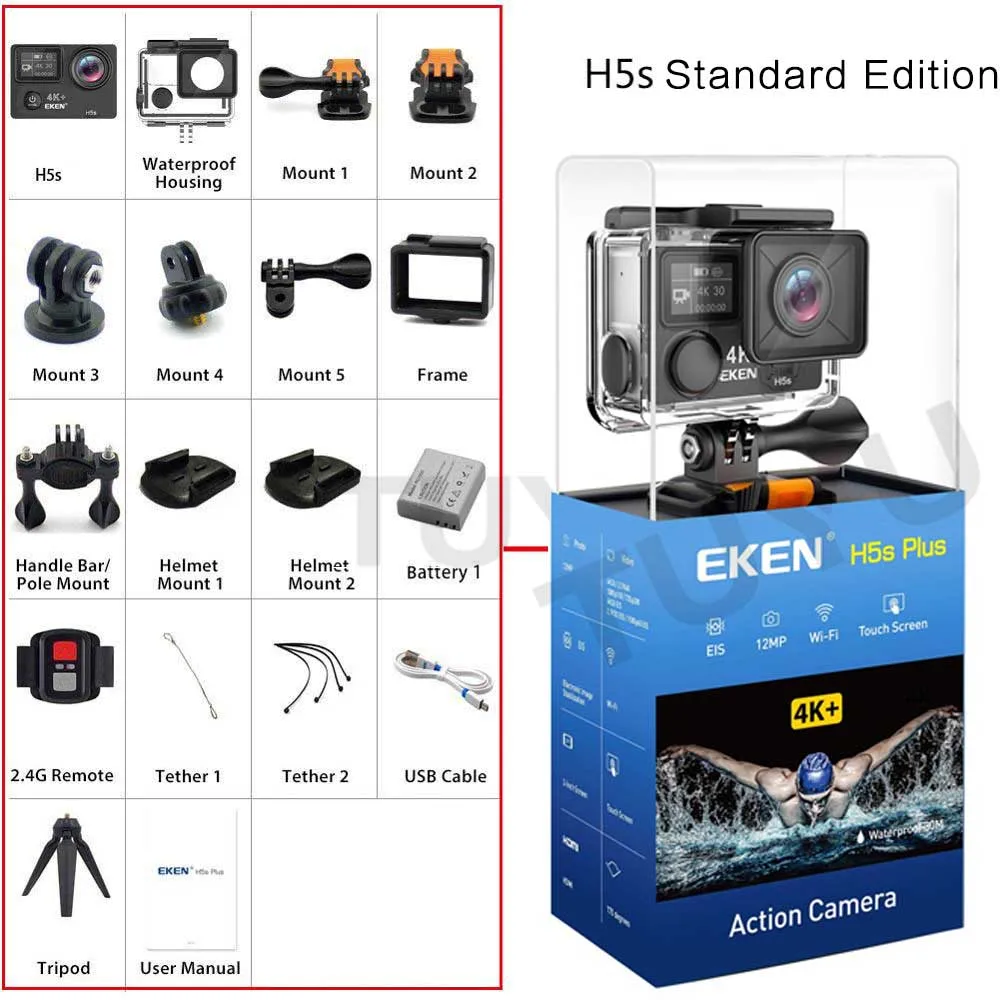 Eken H5S Plus Экшн-камера Ambarella A12 чипсет 30 м Водонепроницаемый 2,0 'сенсорный экран 4K 30fps Utral HD EIS Спортивная камера для шлема