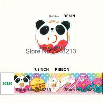 

printed cartoon Panda shaped donuts grosgrain ribbon & resin sets 7/8inch 50yard ribbon and 50pcs resin 1 sets REB486