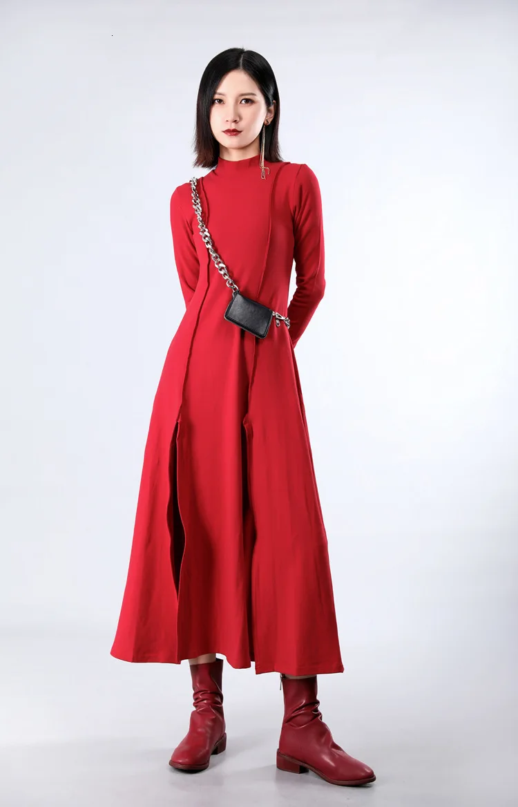 [EAM] Women Dress New Stand Neck Long Sleeve Loose Fit Split Joint Spliced Sheath Temperament Fashion Spring Autumn JZ343