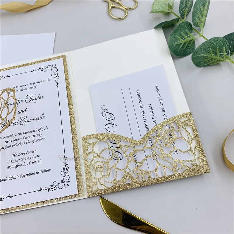  Special Glitter Rose Gold Tri-fold Laser Cut Wedding Invitations With RSVP Card & Belly Band Laser  - 4.00035E+12