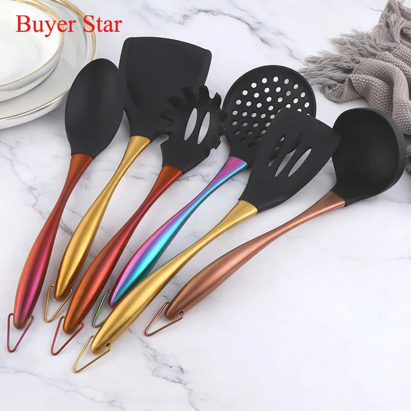 1pc/6pc/7pc Silicone Kitchenware Cooking Utensils Set Non-stick Cookware Spatula Shovel Stainless Steel Handle