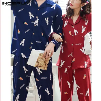 

INCERUN Men Pajamas Sets Printing Long Sleeve Nightwear Pants Loose Homewear Unisex Leisure Sleepwear Suit 2PC Set Loungewear