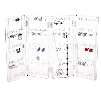 

Foldable 4-Panel Jewelry Screen Hanger Organizer Earrings Necklace Chains Display Stands Transparent