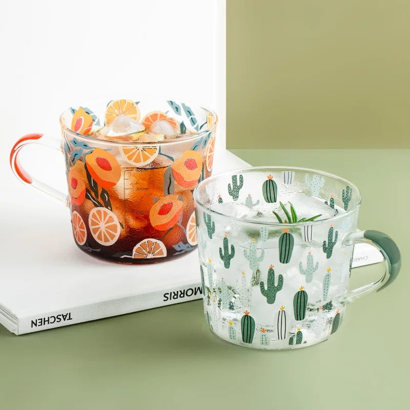 500ml Glass Tea Milk Cups Mugs with Scale INS Cute Yellow Orange Cactus Coffee Mug Party Drinkware Tumbler Water Gifts | Дом и сад