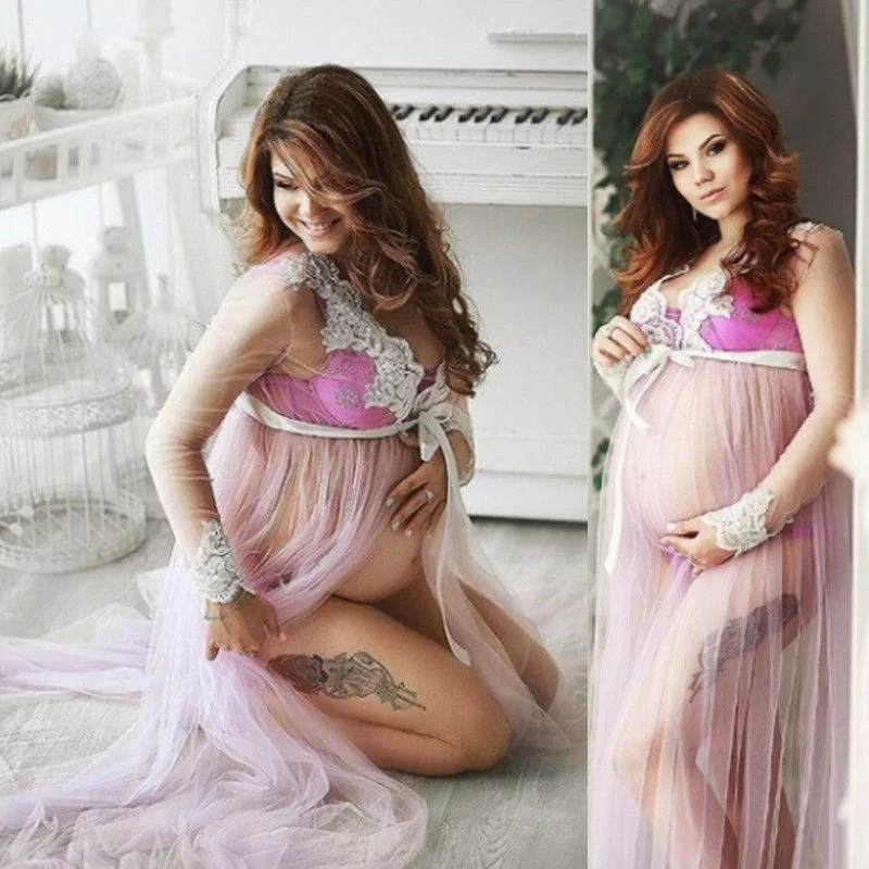 Pregnant Women Lace Up Long Sleeve Maternity Dress Ladies Maxi Gown Photography Photo Shoot Clothing Clothes