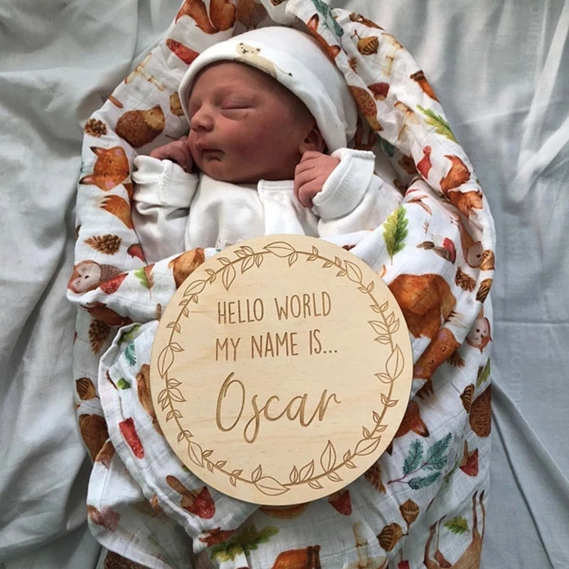 personalised birth announcement plaque keepsake Baby Name Reveal Sign Hello World Wooden Personalized
