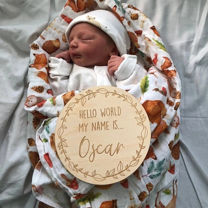 Hello World Floral New Baby Birth Announcement Wooden Plaque Sign Keepsake Photo Prop