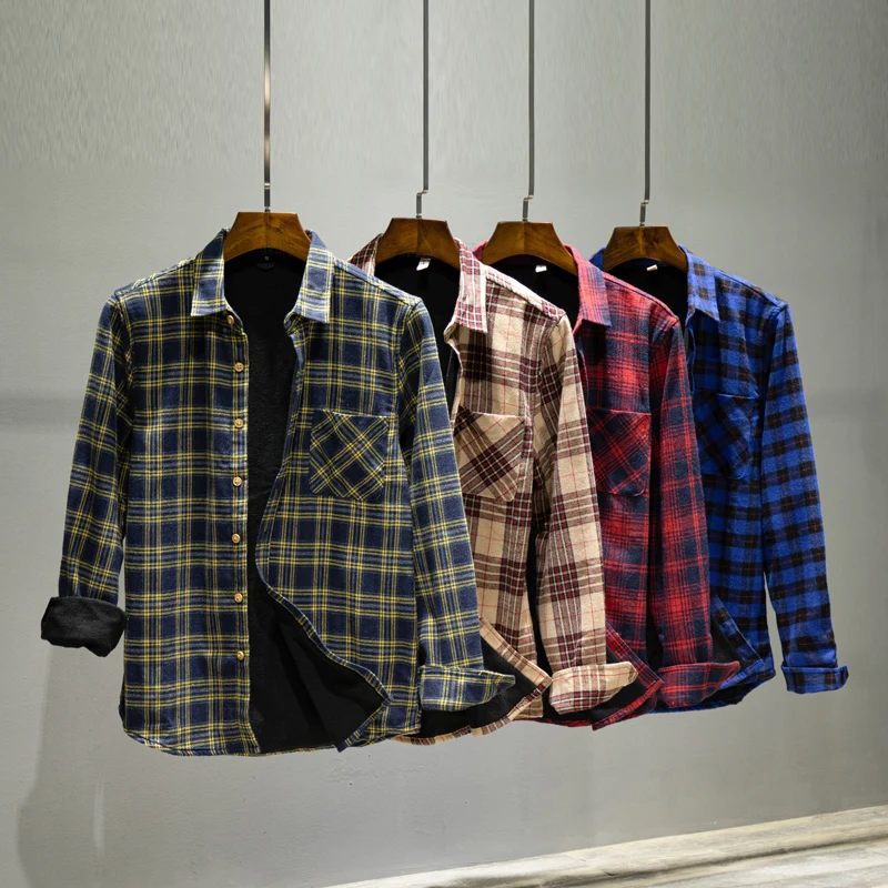 

Autumn Winter Newly Fashion Men Shirts High Quality Japanese Vintage Designer Casual Thick Velvet Warm Plaid Shirt Camisas Homme