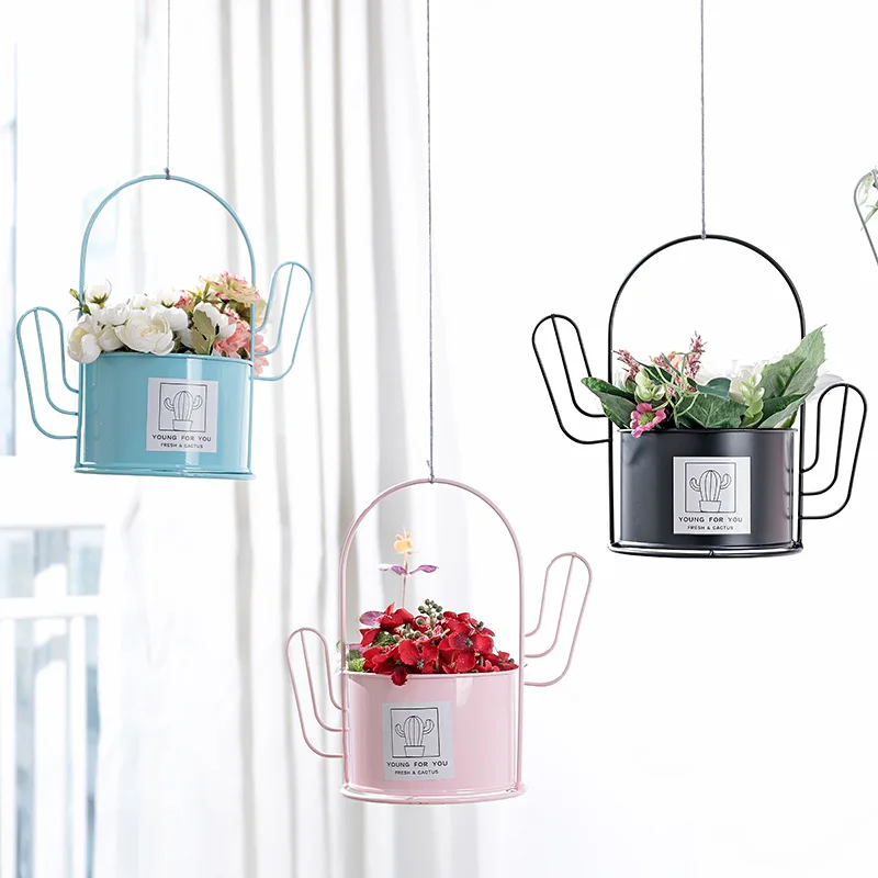 

Nordic minimalist cactus flowerpot shelf desktop decoration creative succulent potted handle iron flower bucket plant pot stand