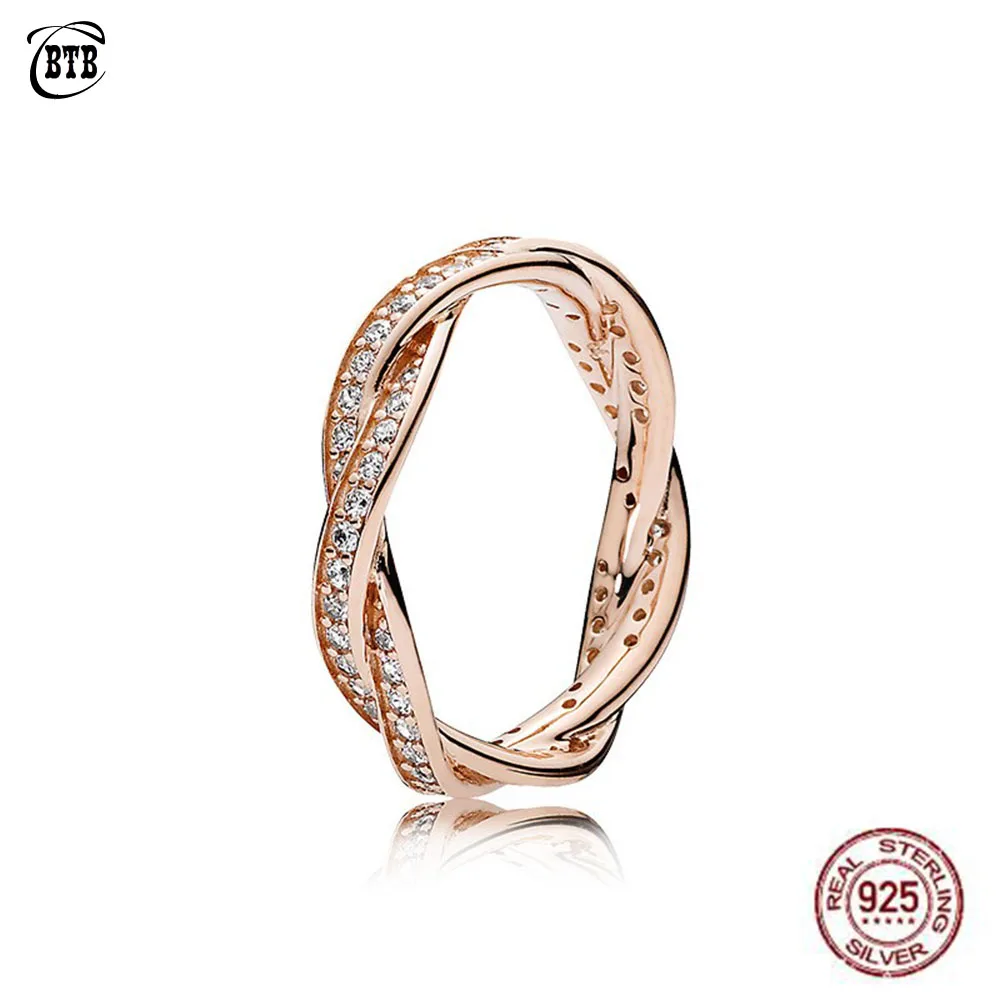 

Original PAN Rose Gold Twist Of Fate Ring Woman 925 Sterling Silver CZ Ring Fit Charm DIY Jewelry Female Gift