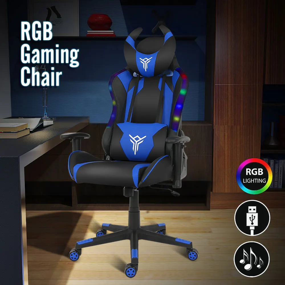  RGB Racing Gaming Chair LED Lighting Computer Chair Ergonomic Adjustable Swivel Task Chair Headrest