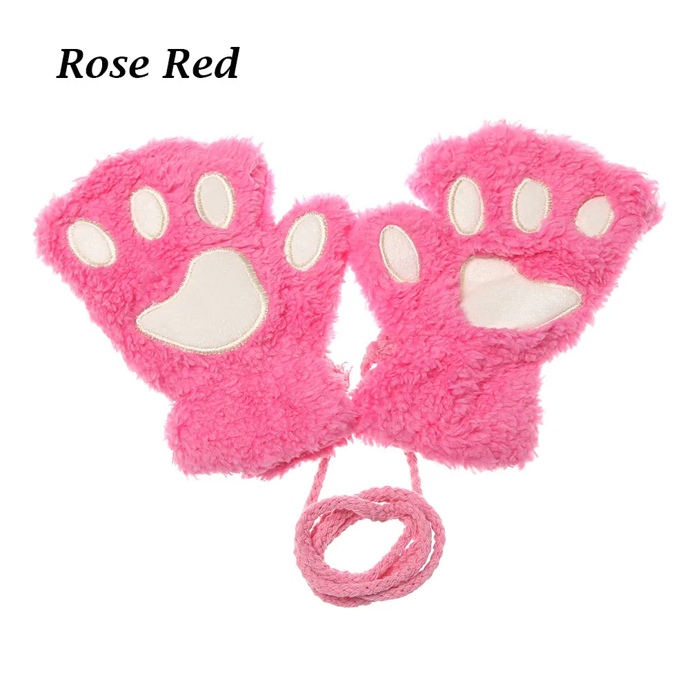 rose red Милые плюшевые перчатки в виде кошачьей лапы для детей; зимние теплые варежки для девочек; короткие перчатки без пальцев; детские перчатки на половину пальцев - Цвет: rose red