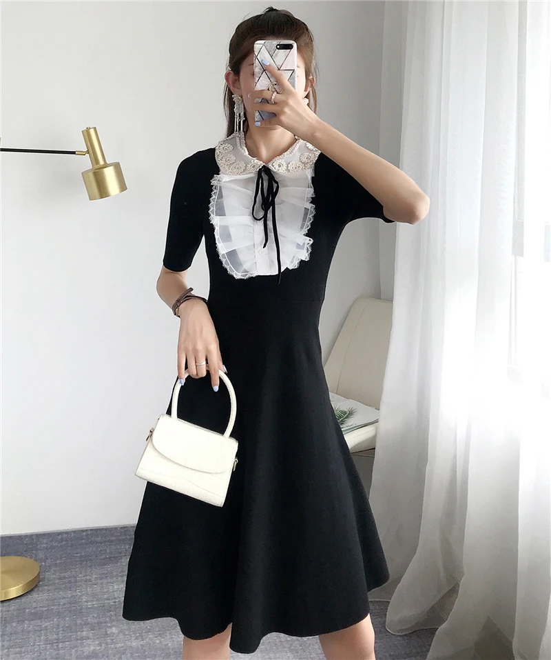 Women Dress Split Knitted Elegant Bodycon Lace Up Bow Vestido Slim Mesh Ruffles Robe Short Sleeve Pullovers Office Lady