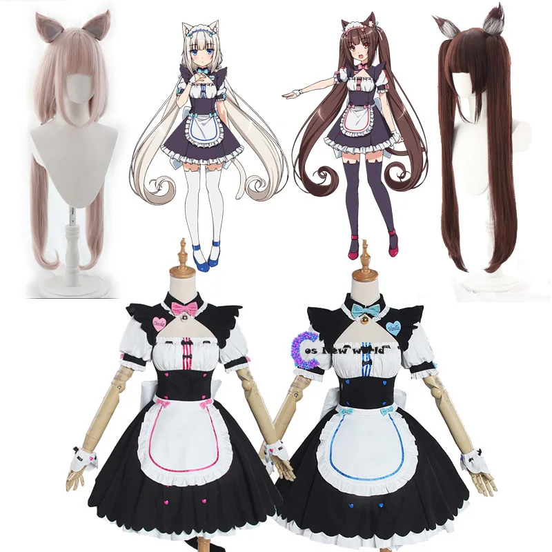 

2020 New Anime Nekopara Cosplay Wigs Chocolat and Vanilla Costume Women's Dresss Nekopara Maid Uniform Set Halloween Show Skirt