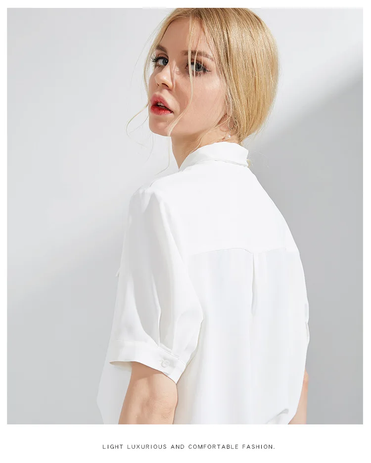 Chiffon Blouse Ladies Bow Collar Short Sleeve Summer New Leisure Blusas Mujer De Moda White Blue and Violet Color