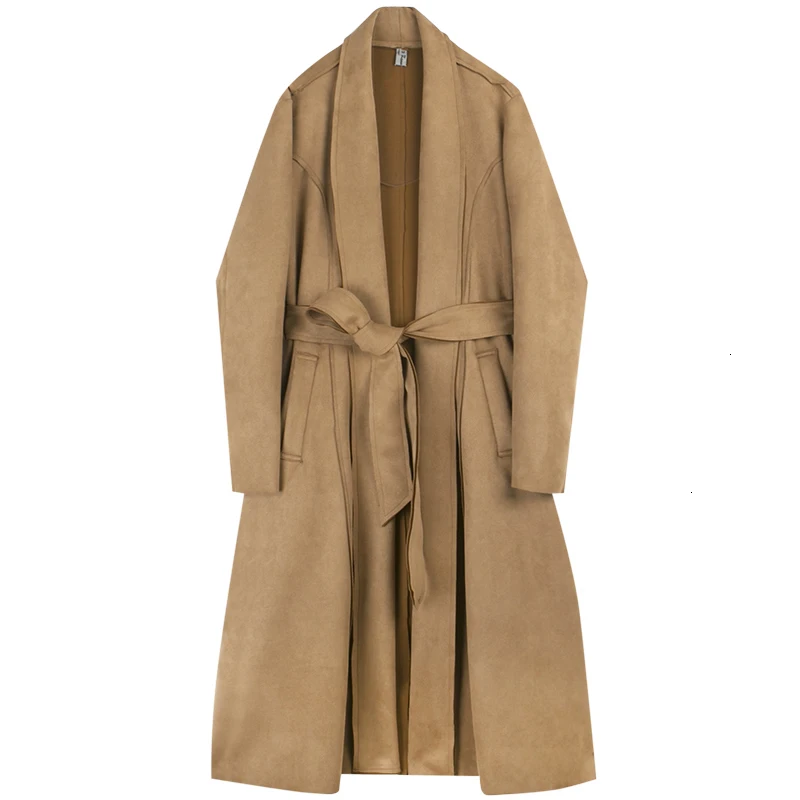 Autumn New Korean Version Of The Dark Retro Temperament Suede Street Popular Belt Long Casual Windbreaker