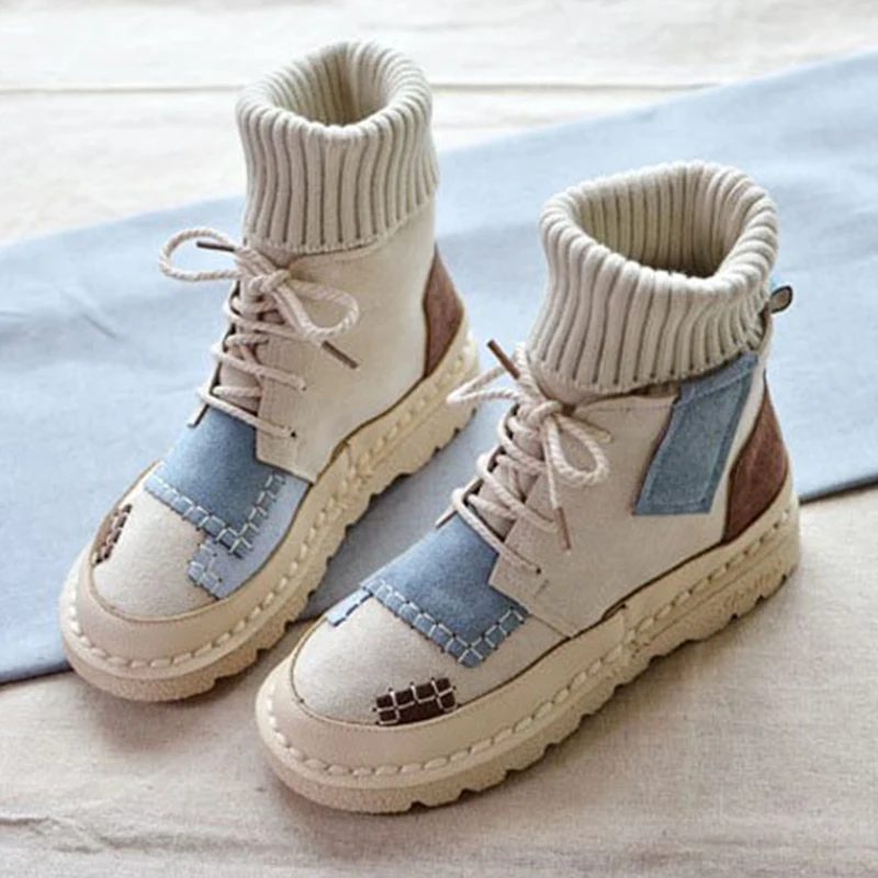 

2019 Fashion Suede Canvas Boots Autumn Winter Ankle Boots with Knitting Tube Casual Shoes Women Booties botas muje