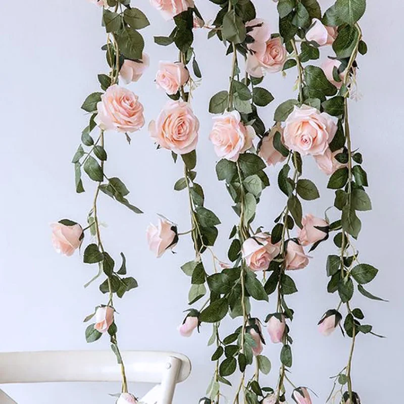 Haoyuetch 2PCS Artificial Rose Vine Flowers with Green Leaves,3Ft Hanging  Rose Ivy Plants for Home Wedding Party Garden Wall Decoration (Champagne)