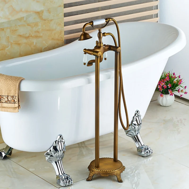 Antique Floor-Standing Bathtub Sink Faucet Bathroom Shower Set Standing Bathtub Faucet With Shower Telephone Style Hot  And Cold 3