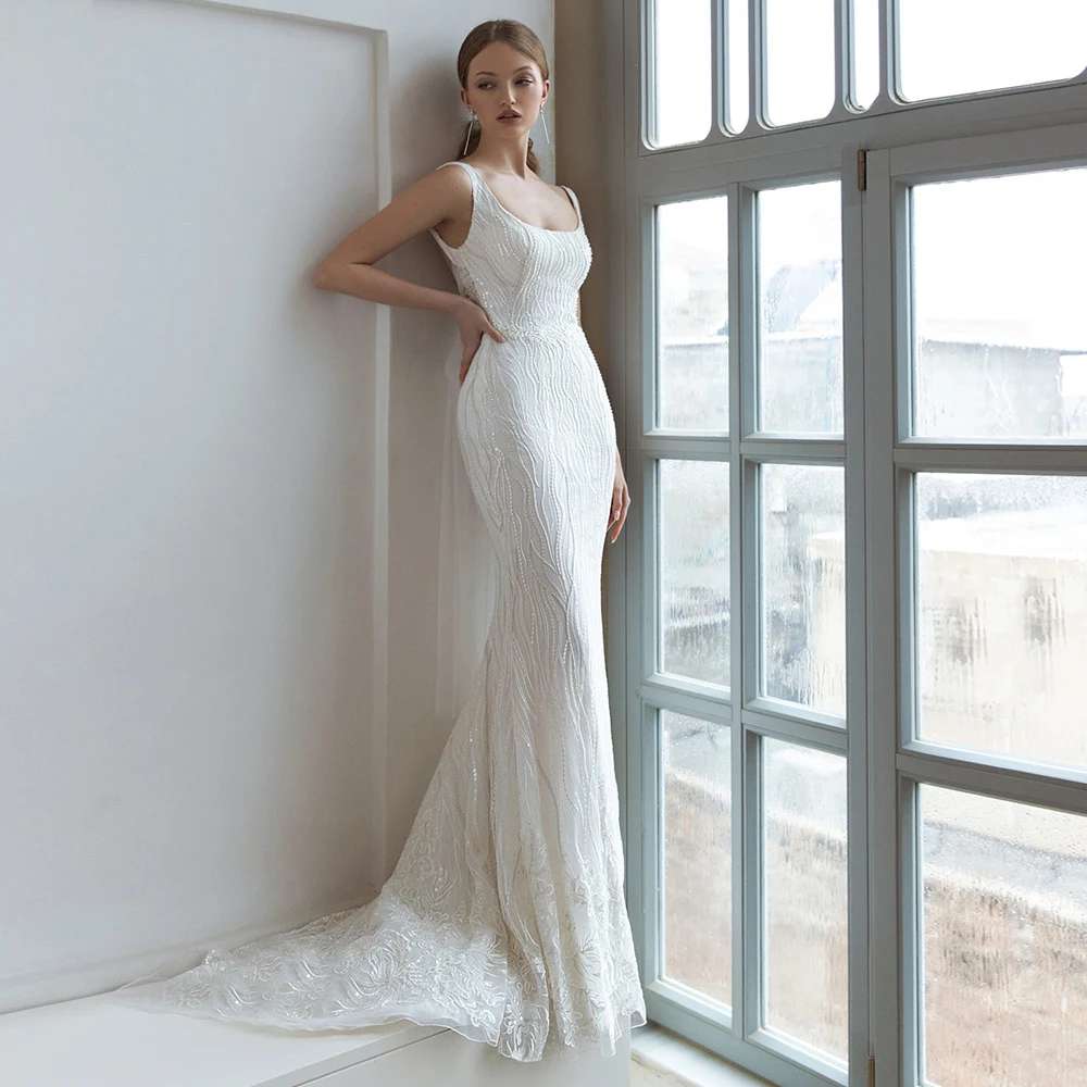 

Elegant Lace Tullle Bridal Dress 2020 Vestido de Novia Scoop Neck Sleeveless Mermaid Wedding Dress with Sequin