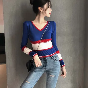 

Women Casual Long Sleeve V Neck Knitwear Sweaters Female Knitted Pullovers Tops Pull Femme Striped Patchwork Sweater Jumper