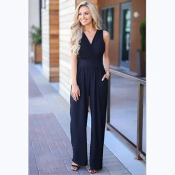 

Sleeveless V-Neck Jumpsuit Women Casual 2020 Spring Summer Jumpsuit Wide Leg Elegant Office Loose Bodysuit Black Ladies Overalls