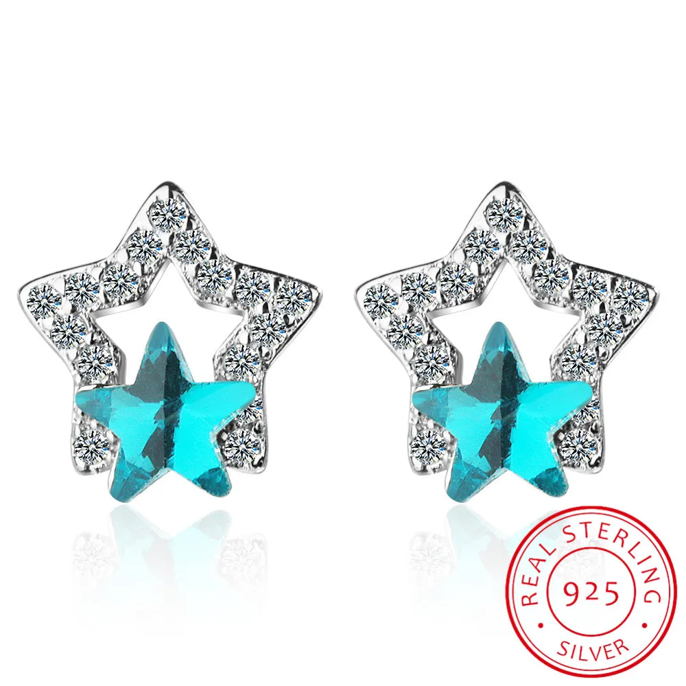 

Pure 925 Sterling Silver Earrings Blue Crystal Cubic Zircon Double Star Stud Earring for Women Wedding Party 2019 New Jewelry