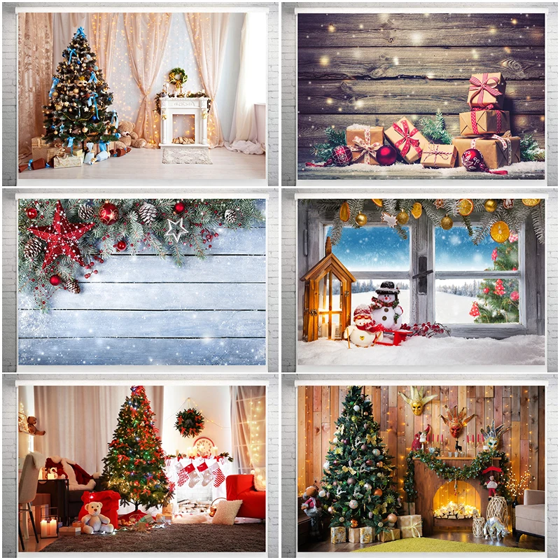 Christmas Style Photography Background Christmas Decoration Tree Retro Vintage Wooden Wall Fireplace Christmas Backdrops Prop