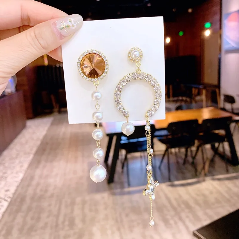 

2019 New Fashion Asymmetric Geometric Crystal Pendant Earrings Temperament Long Pearl Exaggerated Wind Earrings Women's Jewelry