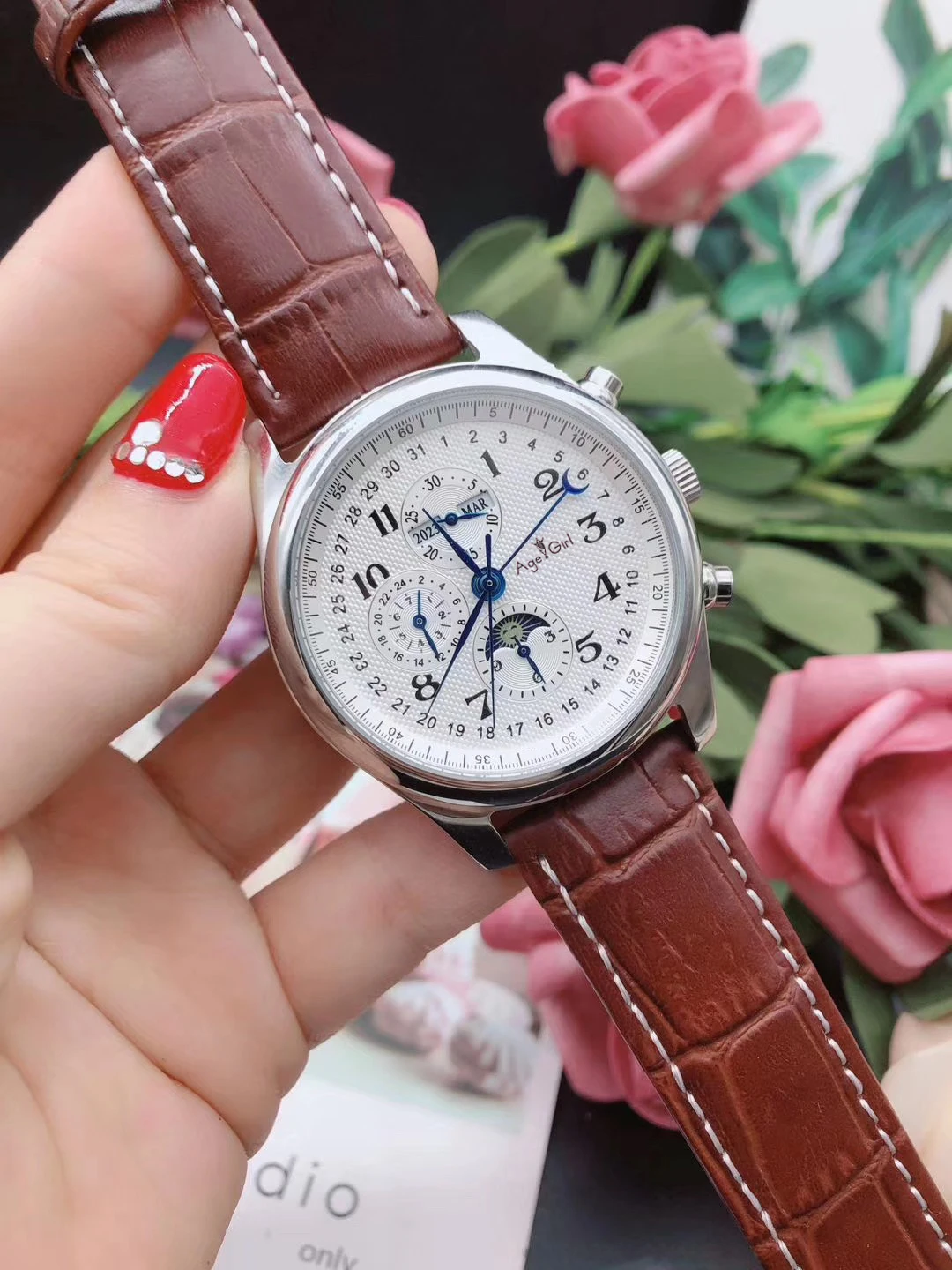 

Famous Brand New Men Watch Stainless Steel Sapphire Glass Back Automatic Mechanical Brown Blue Leather Daydate MoonPhase GMT AAA