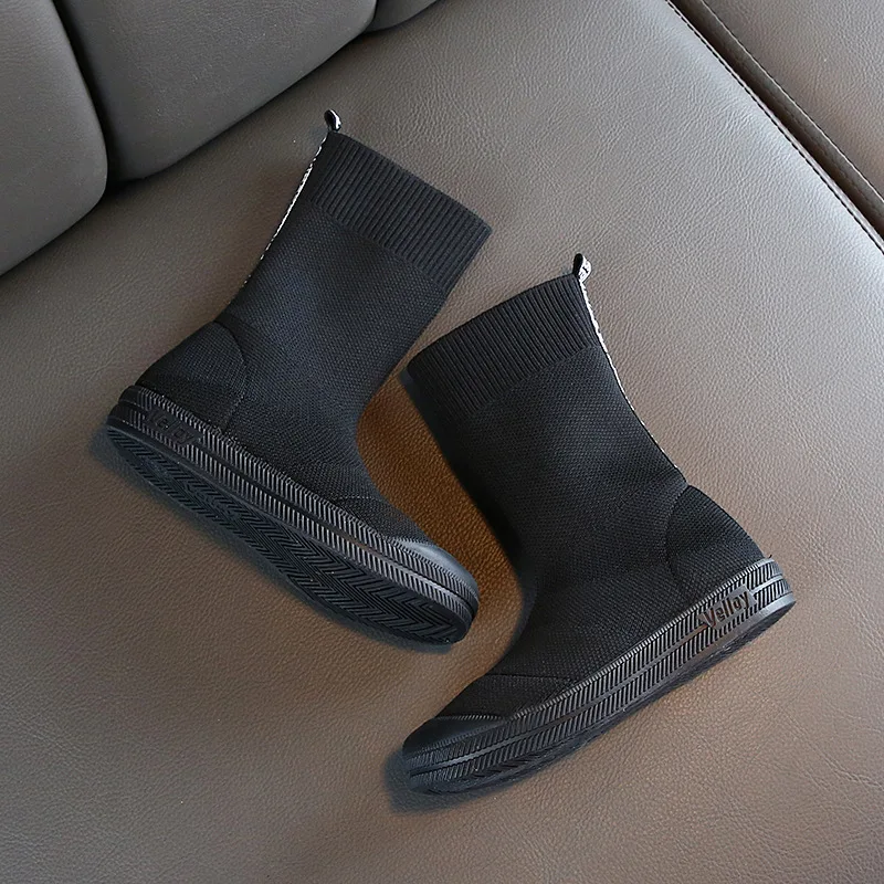 Black short boots Dolakids/ботинки; модные детские кроссовки для девочек; спортивная детская обувь; дышащие уличные мягкие ботинки на плоской подошве; вязаная обувь - Цвет: Black short boots
