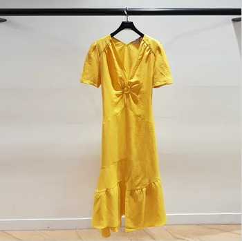 

French Elegant 2020 Summer V Collar Hollow Out Folds Asymmetry Hem Women's Wear Dress 190340