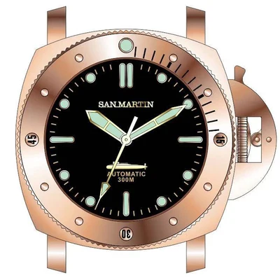 Автоматические часы San Martin для дайвинга, сапфировое стекло Cusn8, бронза, 300 м, водонепроницаемые винтажные мужские бронзовые наручные часы с кожаным ремешком, Новинка - Цвет: black