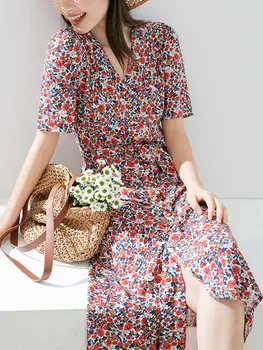 

2020 New V-neck Floral Women Midi Dress lady Slim Single-breasted Short Sleeve Flowers Print Split Holiday Dresses with sashes
